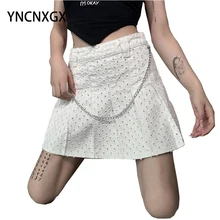 

JK Hole Wave Point Denim Pleated Skirt Women Personality High Waist Skirt