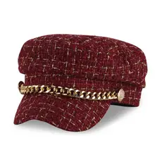 Военные армейские зимние кепки с плоским козырьком темно-синие женские осенние козырьки Топ яркий Шелковый твидовый линейный берет Матросская Женская шапочка Женская цепочка красные шляпы