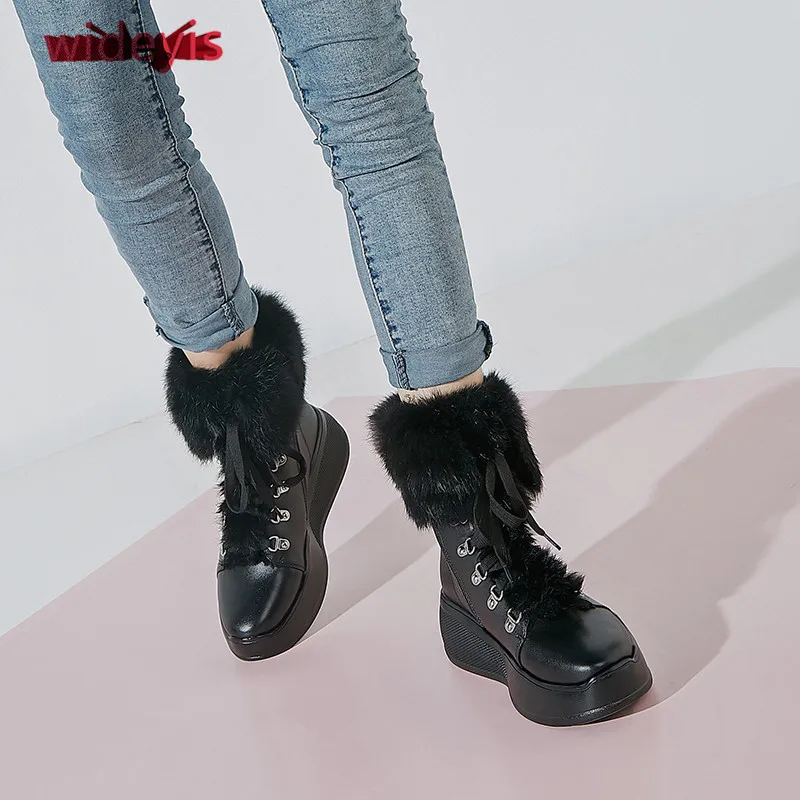 

Boots women WIDEYIS first layer cowhide ladies snow boots warm thickening plush lining ankle boots round head winter boots