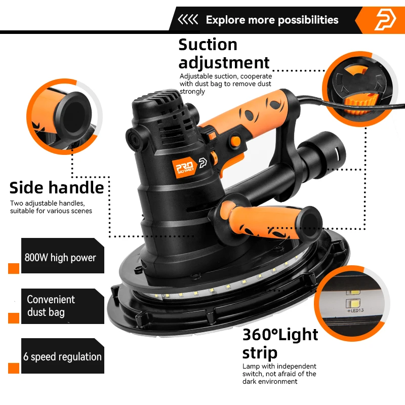 230V Drywall Sander 800W Wall Polishing Machine Grinding Portable Led Light Wall Putty 215mm Sand disc By PROSTORMER electric polisher electric orbital sander
