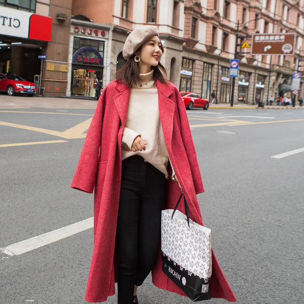 

Woolen Jacket Photo Shoot 2018 Winter New Style WOMEN'S Dress Retro British Style CHIC Long Herringbone Woolen Overcoat