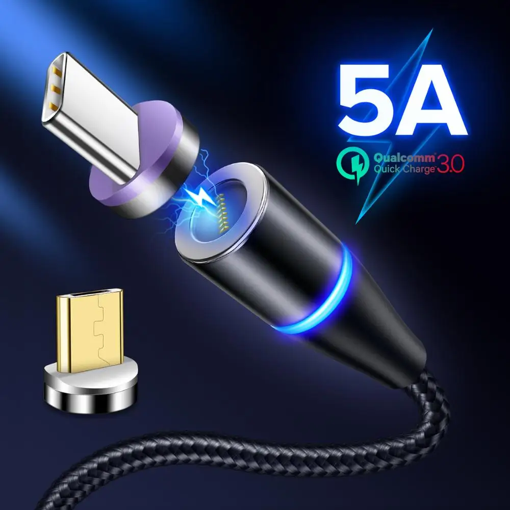 

5A Magnetic Charger For iPhone X XSR XS Led Magnetic Cable Android Micro USB Type C For Samsung S9 Plus Fast Charge Magnet Cable