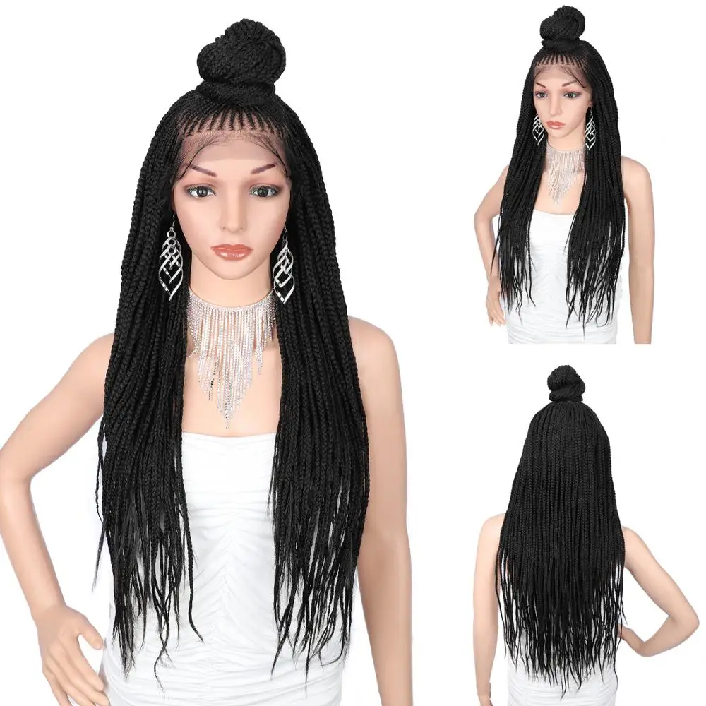 Black Kaylss 30 дюймов 13x7 плетеные парики синтетические кружева спереди парик Updo плетеные парики с детскими волосами для черных женщин корнроу Плетеный парик - Цвет: Black