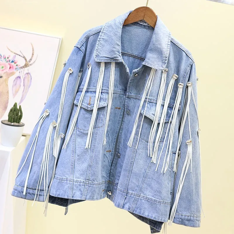 

New Jacket Female Spring Autumn Tassel Diamonds Motorcycle Bike Punk Style Denim Jacket Women Single Breasted Loose Jeans Coats