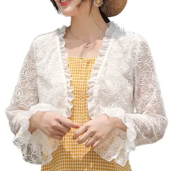

Women Long Sleeve Sunscreen Shawl Shrug Hollow Out Embroidery Floral Lace Summer Short Cardigan Bolero Ruffles Cover Ups