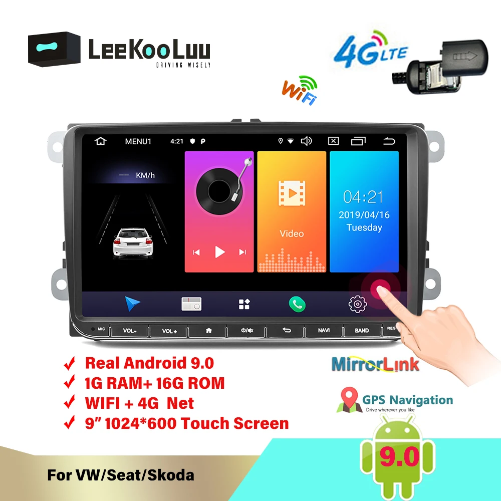 LeeKooLuu Android 9,0 автомобильный радиоприемник 9 дюймов 2 DIN Авторадио gps для VW Polo Golf 4 5 Passat B6 Skoda Octavia Rapid Fabia SIM 4G wifi