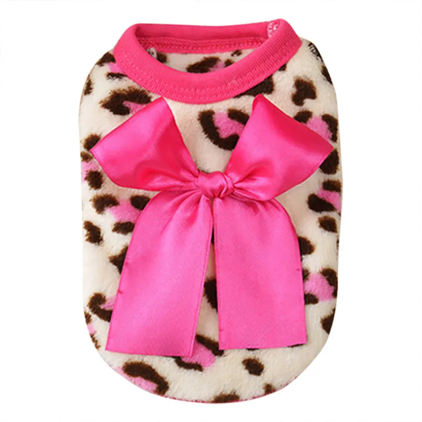 Pink Transer свитер с милой леопардовой собачкой, Зимняя Теплая Флисовая одежда для маленьких собак, одежда с большим бантом из ленты для щенков-питомцев, Свитера 9909 - Цвет: Pink