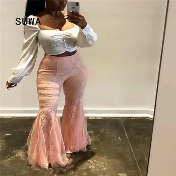 

Sweet Women Streetwear High Waist Boot-cut Trousers Office Lady Pink Lace Mesh Patchwork Elastic Waist Slim Flare Long Pants