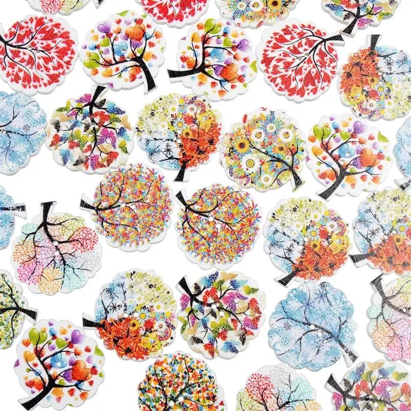 

50pcs Mixed Flower Trees Wooden Buttons For Clothes Crafts Sewing Decorative Needlework Scrapbooking DIY Accessories