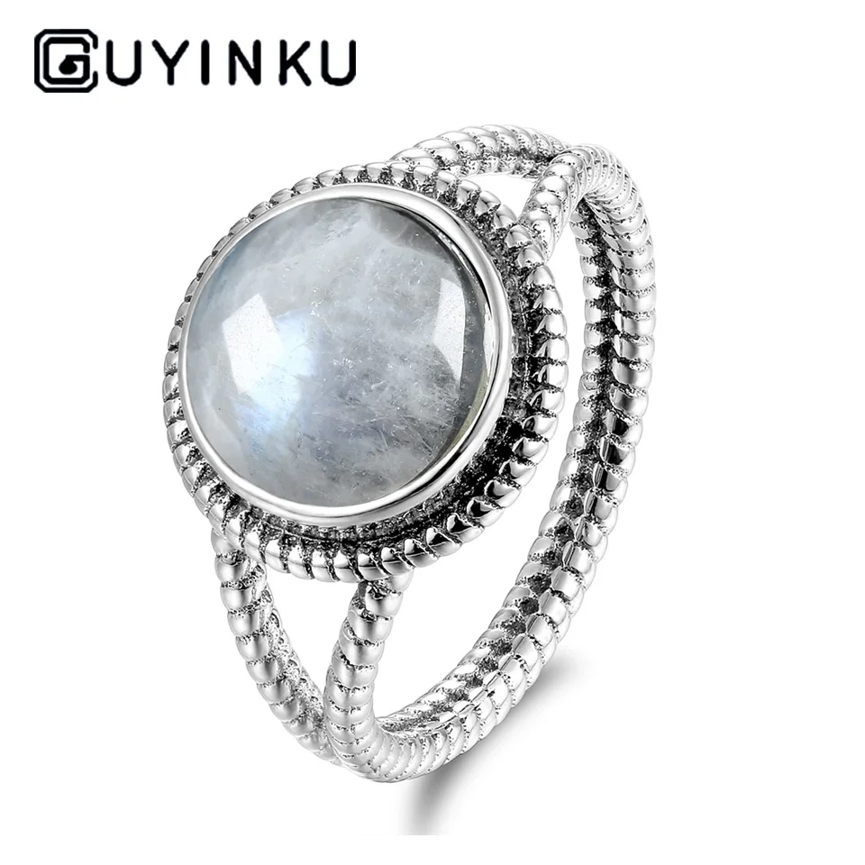 GUYINKU 925 пробы серебряные ювелирные изделия кольца с 10 мм круглый натуральный драгоценный камень юбилей Подарки для женщин S925 вечерние ювелирные изделия