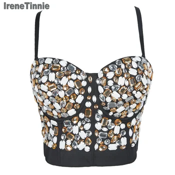 

IRENE TINNIE Sexy Rhinestone Bustier Crop Top Beading Bodice for Women Night club Tank Tops