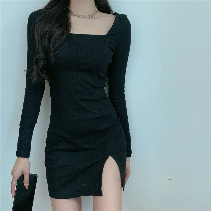 Sexy split black dress longsleeves square collar vintage Korea ins miniskirt bag hip tight party skirt straight club women dress cocktail dresses