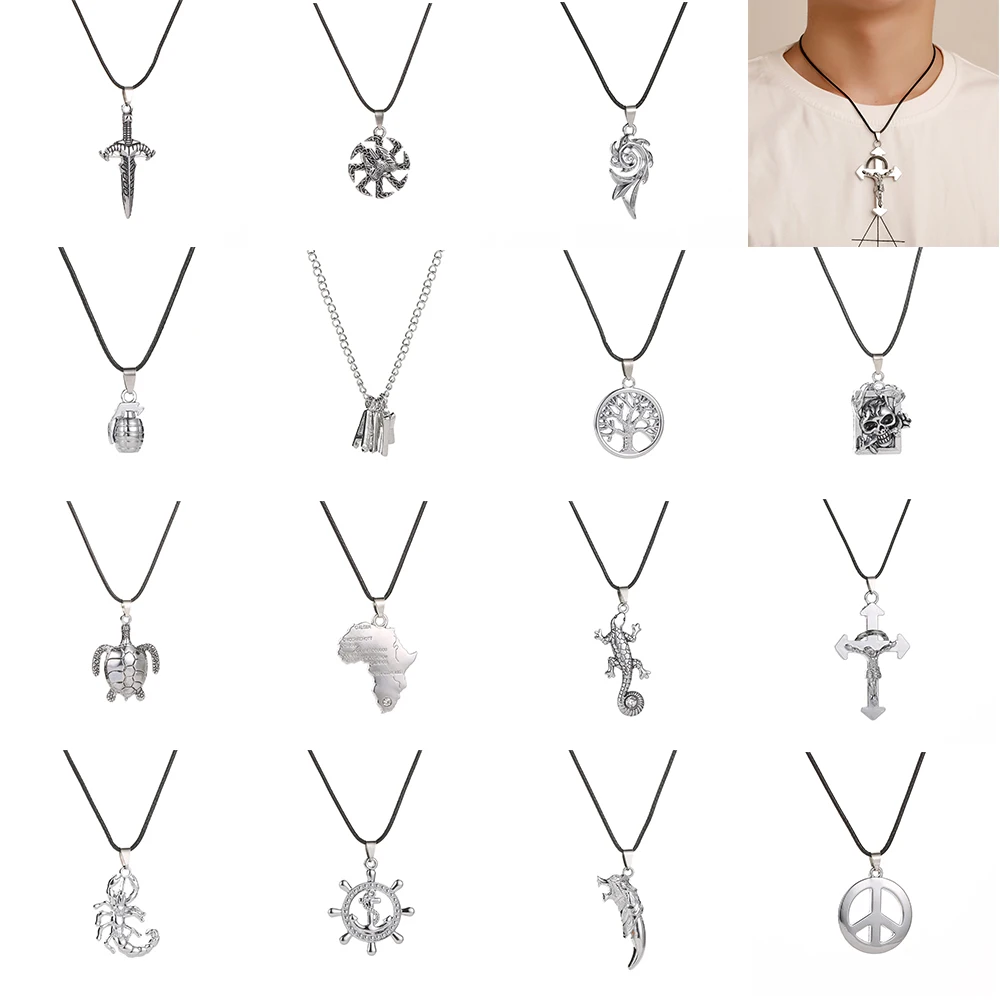 

ZEMO 16 Styles Punk Letter Pendants Necklaces for Men Women Skull Cross Leather Rope Necklaces Boys' Korean Rock Roll Jewelry