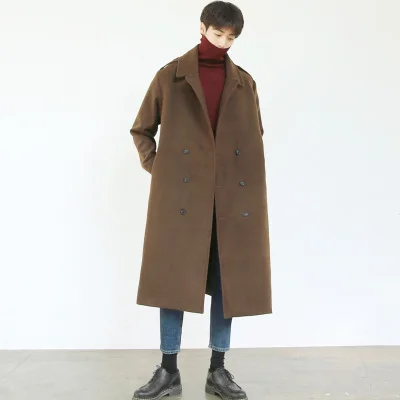 

New Fashion 2020 Autumn Winter Men Woolen Coat Long Loose Warm Male Overcoat Double breasted Windbreaker Hot Sale LX1379