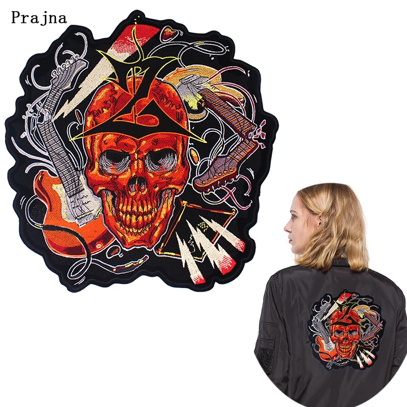 

Prajna Red Skull Applique Broken Guitar Stripes Rock Patches For Clothing Jacket Hippie Ironing Embroidered Patch Stickers DIY F