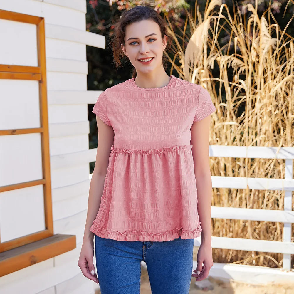 

Bohisen Ruffle Korean Fashion Women Top Lace Short Sleeve Sleeveless shirt Women Tops Pink Women Shirts Femininas Elegante