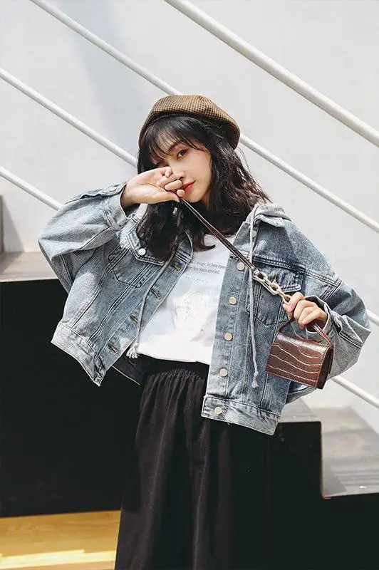 

Yang Mi Celebrity Style Women's Deconstructable Hooded off-Shoulder Loose Bat Sleeve BF Style Versatile Students Jeans Coat Fash