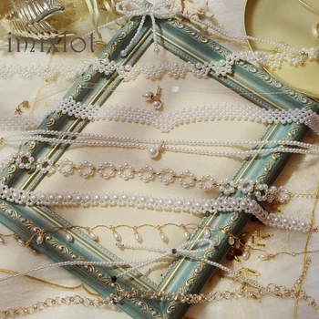 

New Sweet Romantic Imitation Pearl Bow Knot Flowers Cross Choker Short Chain Necklace for Women Girls Party Jewellery