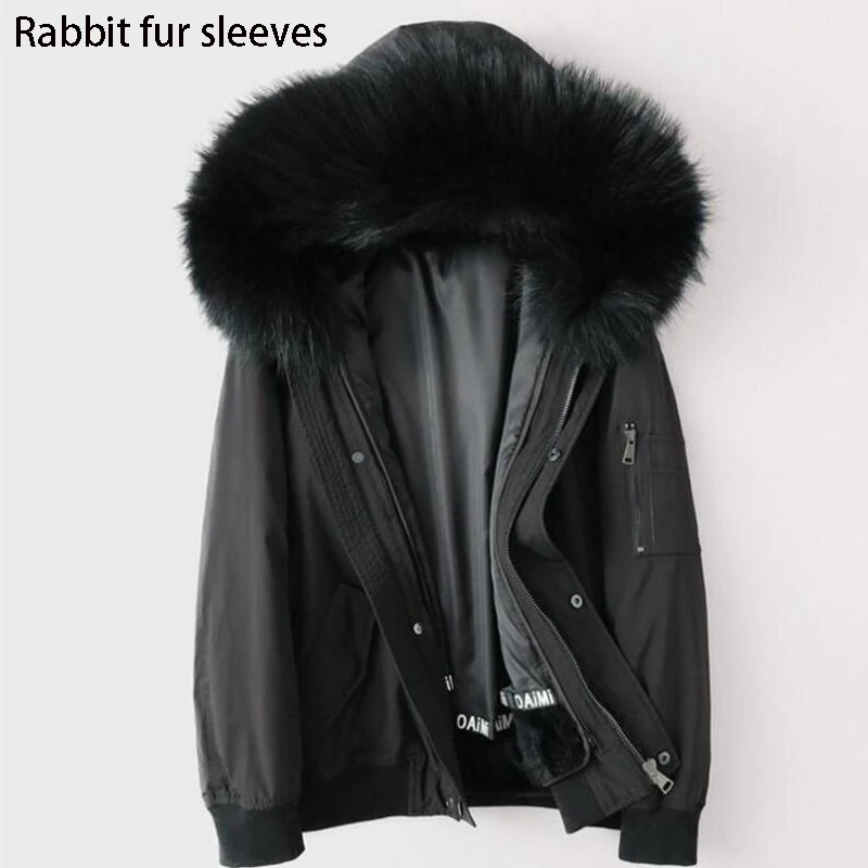 C7 rabbit sleeves Furlove,, парка, зимняя куртка, Мужская парка, пальто с натуральным мехом енота, воротник с капюшоном, мех кролика, парка, теплая, толстая - Цвет: C7 rabbit sleeves