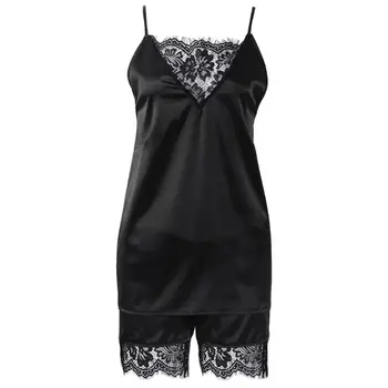 

Womens Ice Silk Eyelash Lace Patchwork Pajamas Set Sexy Lingerie Nightwear Solid