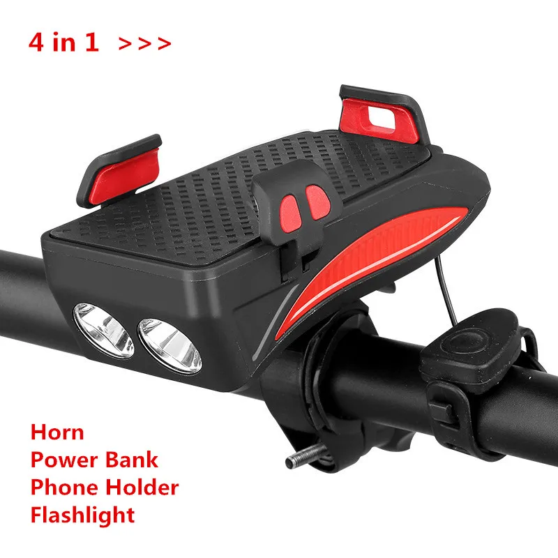 Cheap Waterproof Bicycle Front Lights 4 in1  Phone Holder Bike Horn USB Rechargeable Cycling  Flashlight With Power Bank Hiking tools 1