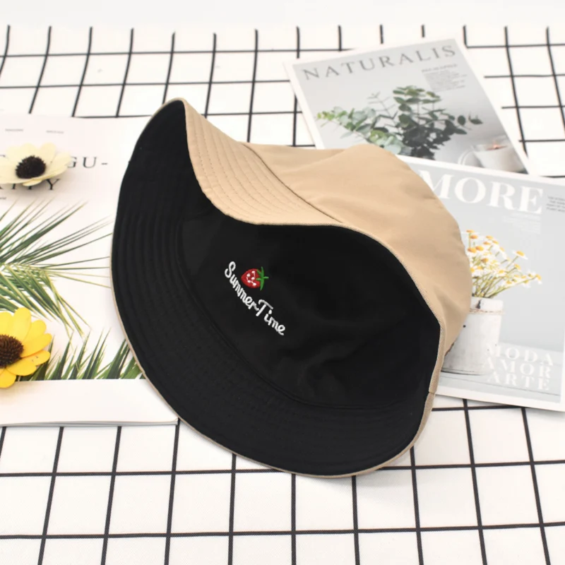 Hot Sale White Bucket Sun Hat Cute Strawberry Embroidery Alphabet Girl Fisherman Hat Ladies Foldable Outdoor Basin Hat M88