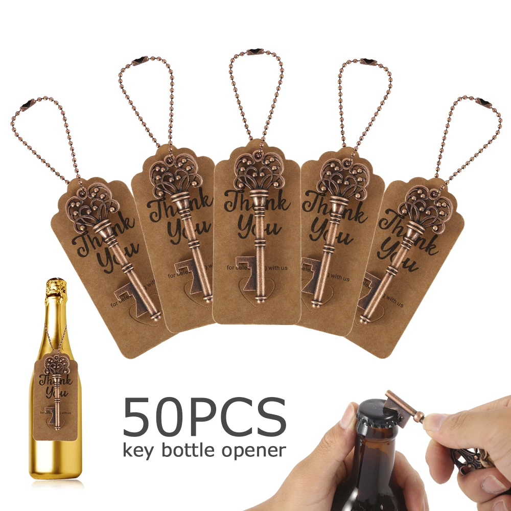 

50pcs Metal Key Beer Bottle Opener Wine Ring Keychain Wedding Party Favors Vintage Kitchen Accessories Antique Gifts for Guests