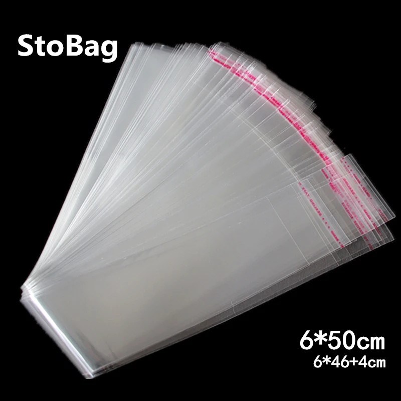 StoBag 200 шт 6*50 см длинные прозрачные самоклеящиеся уплотнения пластиковые пакеты OPP плоская сумка Подарочная упаковка ювелирных изделий сумка целлофановые сумки