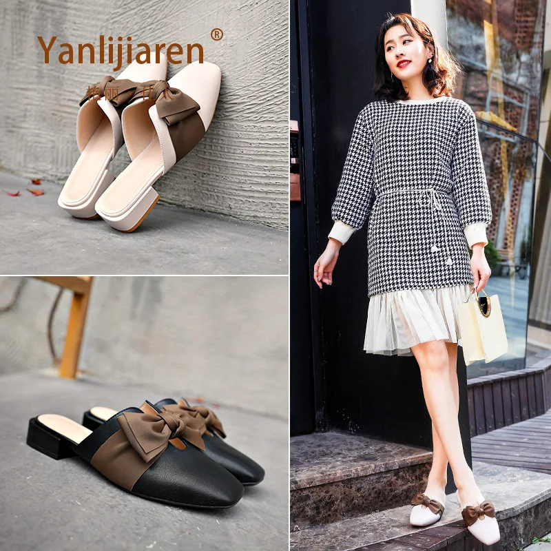 

Slipper Women's Outer Wear 2019 New Style Bow Online Celebrity Closed-toe Slippers Low Chunky Heel Versatile Mules Shoes Loafers