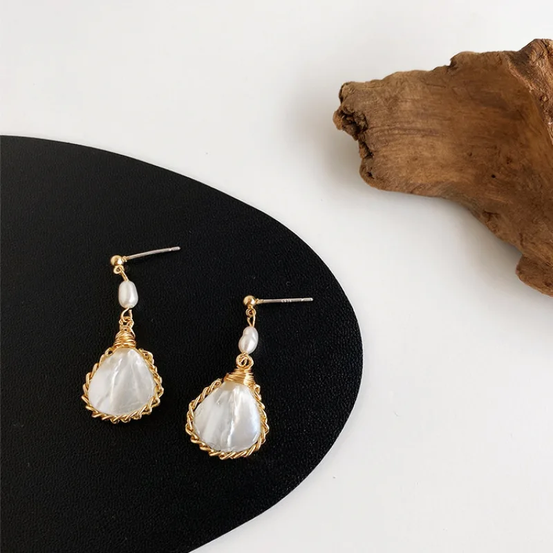 Natural Freshwater Pearl Shell Drop Earrings Fashion Vintage Gold Color Simple Dangle Earring Summer Beach Jewelry | Украшения и