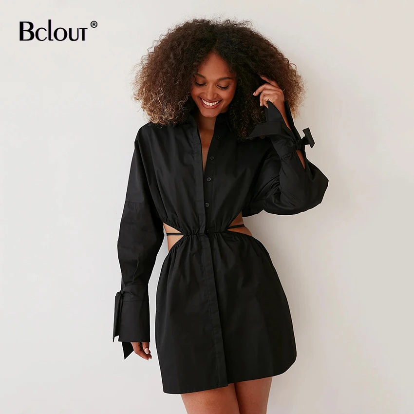

Bclout Sexy Hollow Out Lace-Up Pure Shirt Dresses Women Long Sleeve Single Breasted Slim Blouses Dress Summer A-Line Mini Jurk