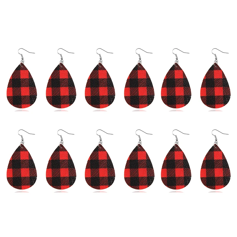 Buffalo Plaid Leather Red Earrings For Women Brincos Jewelry Tear Drop Earings Dangles Red and Black Double Dangles Trendy - Окраска металла: 6 pairs