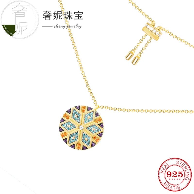 

Cheny 925 Sterling silver Colorful tribal style round pendant necklace Modern retro style geometric pattern sweater chain female