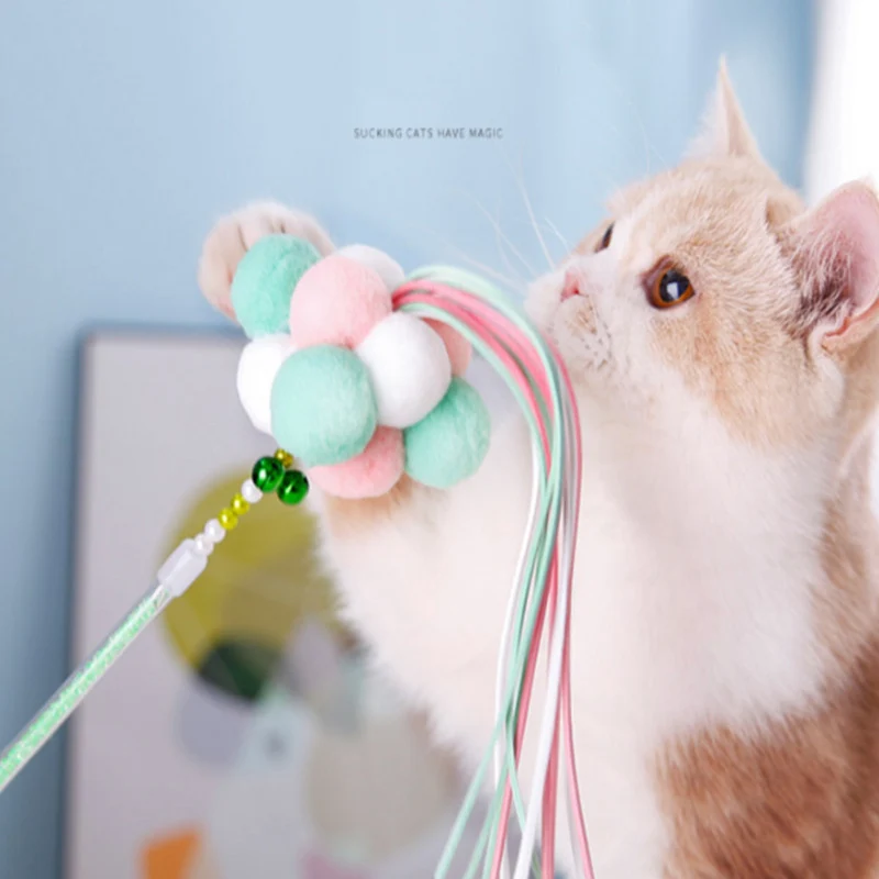 Hot Cat Teaser Toy Tassel Pole Bell Fluffy Ball Fairy Stick Interaction Pet Toy PLD