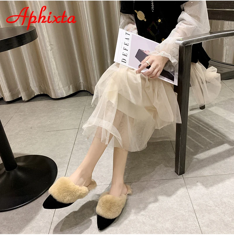 Aphixta/шлепанцы с натуральным животным мехом; женские шлепанцы с натуральным кроликом; Вьетнамки; пушистые меховые сандалии; плюшевые туфли; удивительный подарок