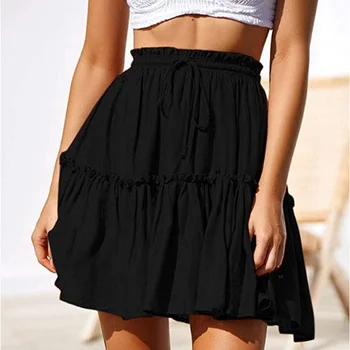 

Casual Summer Short Black Skirt Women Boho Print High Waist Mini Skirt Pleated Ruffle Red A-line Beach Skirt for Women Fashion