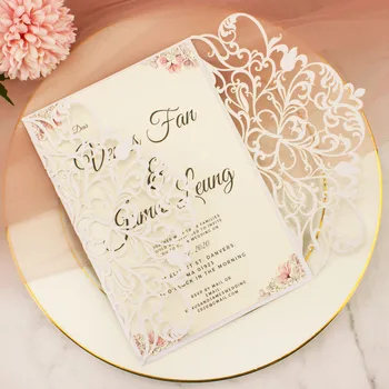 

Free Shipping 1X Bridal shower Wedding Invitation Card White Vintage Laser cut Hollow wedding invitations Invite marriage