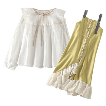 

Womens Two Piece Set Peter Pan Collar Chiffon White Blouse Ruffles Patchwork Lace Up Dress Knee Length Strap Dress Merry Pretty