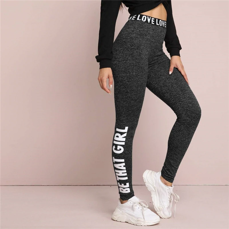 SHEIN, черные леггинсы с принтом в виде букв и графическим узором, женские штаны, Весенняя эластичная резинка на талии, одежда для активного отдыха, повседневные женские базовые брюки