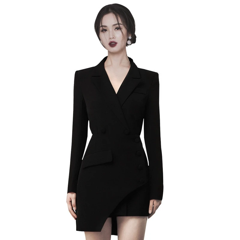 Black Friday Banulin 2020 New Fashion Spring Black Single-breasted Korea Dress Women Notched Asymmetry Dresses OL Formal Business Vestidos