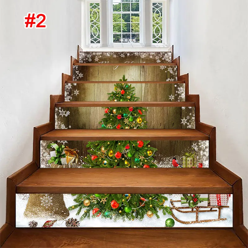 

6PCS/Set PVC Christmas Tree Santa Claus Background Wall Sticker Stair Stickers Home Decor Office Stairway Stickers Reusable