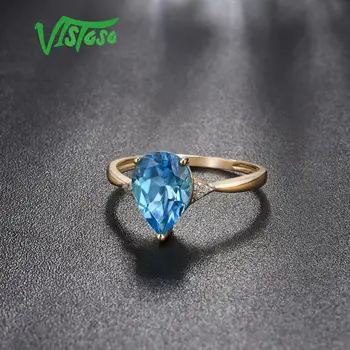 VISTOSO Pure14K 585 Yellow Gold Ring For Women Sparkling Diamond Limpid Blue Topaz Anniversary Classic Fine Jewelry 6