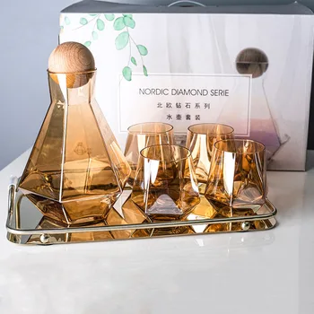 

New Glass Water Kettle Cup Nordic Geometric Pot Water Pitcher Glass Cold Water Jug Set Cup Drinking Ware Simple Household Juice