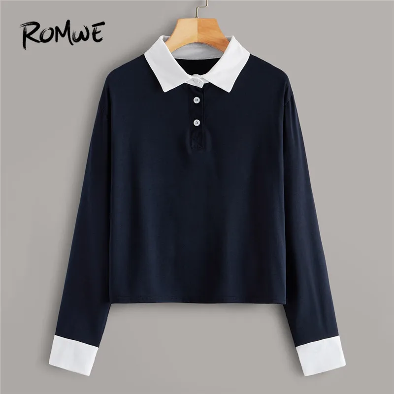 

ROMWE Contrast Collar And Cuff Polo Shirt Women Clothes 2019 Preppy Button Half Placket Long Sleeve T Shirt Autumn Tops 3 Colors