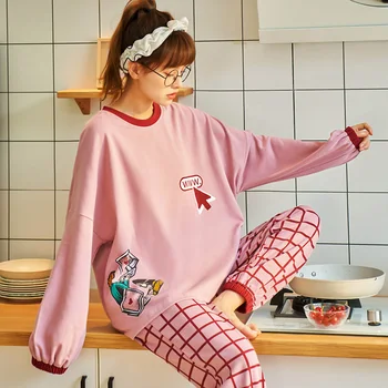 

Women Pajamas Set Ladies Autumn Long Sleeves Home Suit Nightwear Sleepwear Korean Pink Home Clothes Pijamas pajama