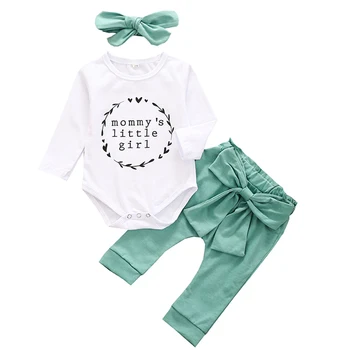 

2020 New Fall Autumn Baby Girls 3Pcs Clothes Mommy's Little Girl Long Sleeve Bodysuit+Green Bowknot Pants+Hairband Outfit