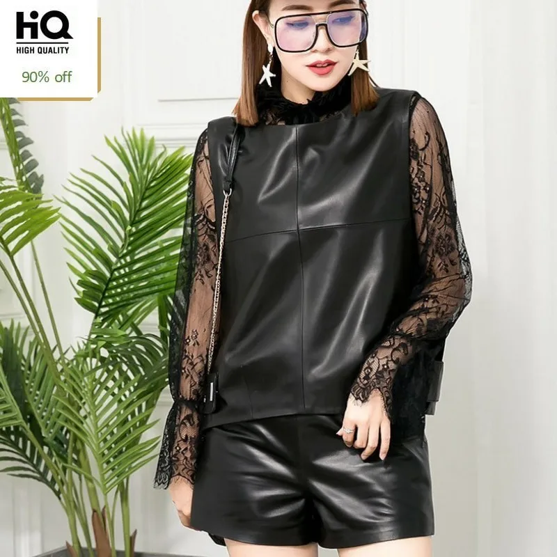 

Summer Womens Set Sleeveless Top Vest +Leather Shorts Suits Female Spring Lady Outfits High Street Sheepskin Two-Piece Woman 2XL