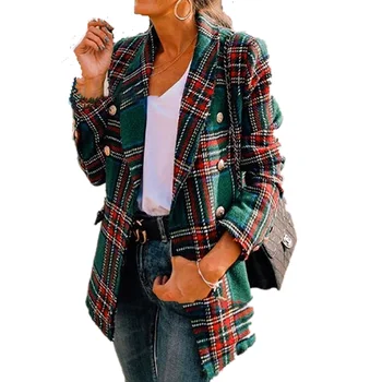 

New Spring Autumn Women Plaid Blazers Plus Size Turn-Down Collar Double Button Plaid Woolen Blends Coat For Women Outerwear Suit