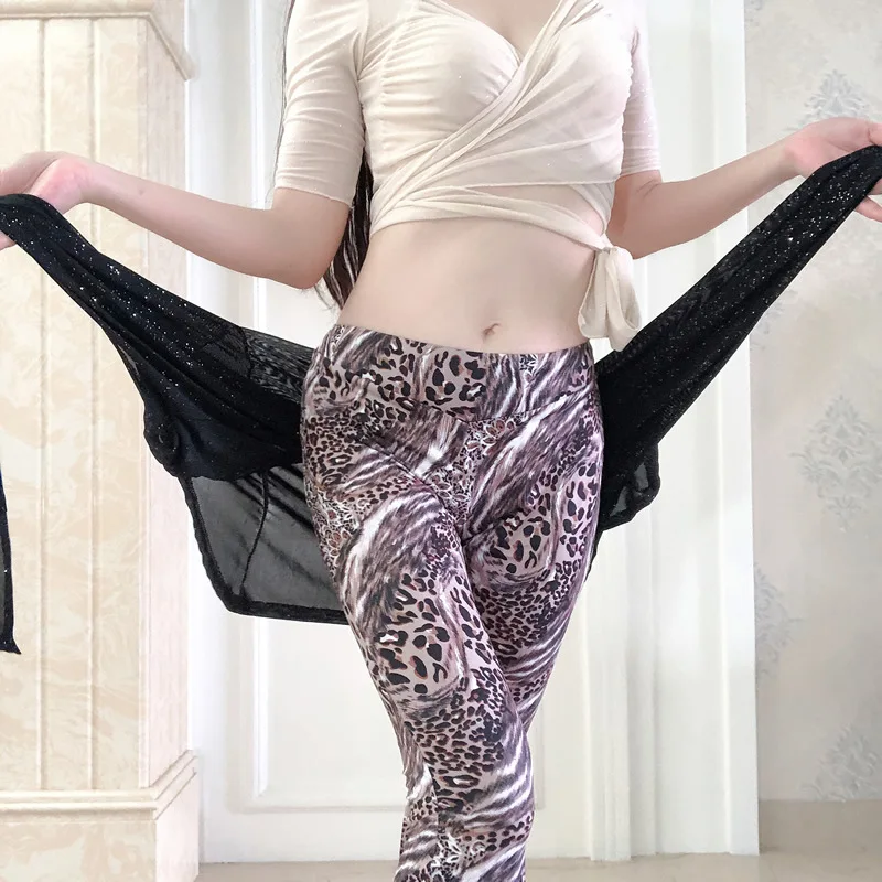 Drum Solo Tribal Fusion Belly Dance Pants Elastic High Waist Flare Trousers  Shaabi Leopard Print Pants Dance Accessories