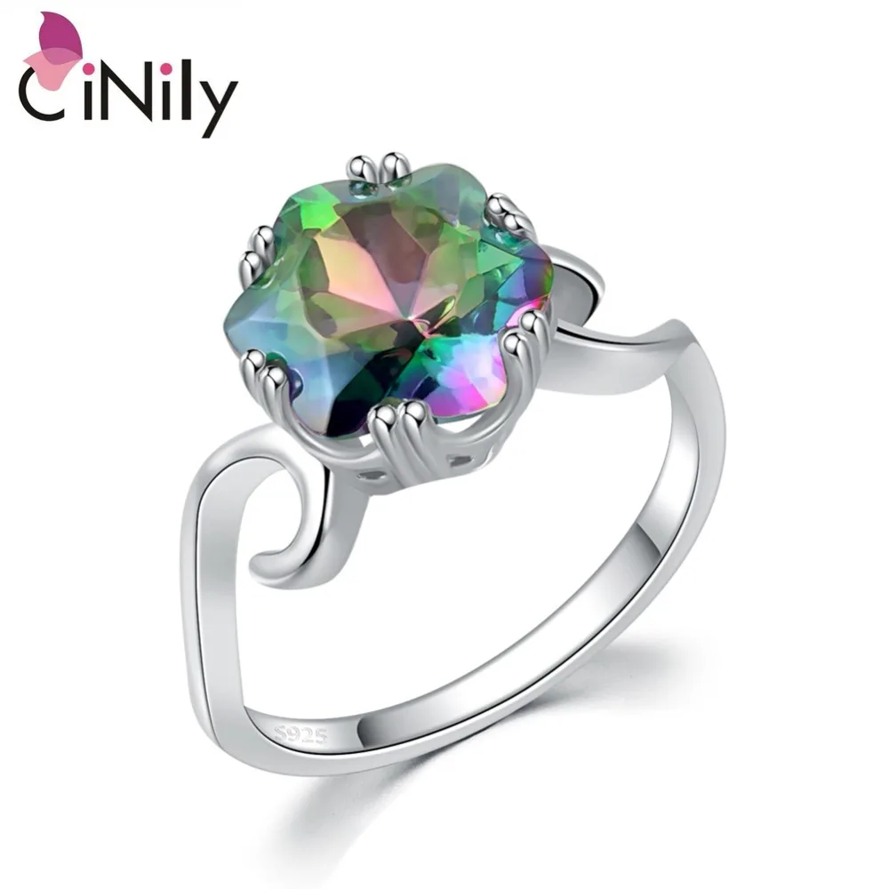 

CiNily 100% Solid 925 Sterling Silver Created Mystic Stone Wholesale for Women Jewelry Engagement Wedding Ring Size 7-8 SR015
